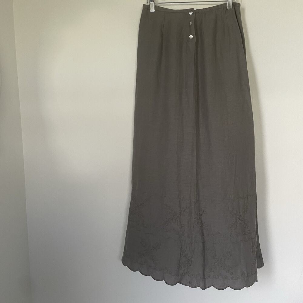 Vtg Johnny Was Collection Linen Back Slit Embroidered Long Maxi Skirt Size Small